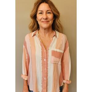 Club z collection pink metallic roll tab long sleeve lightweight button up 2X